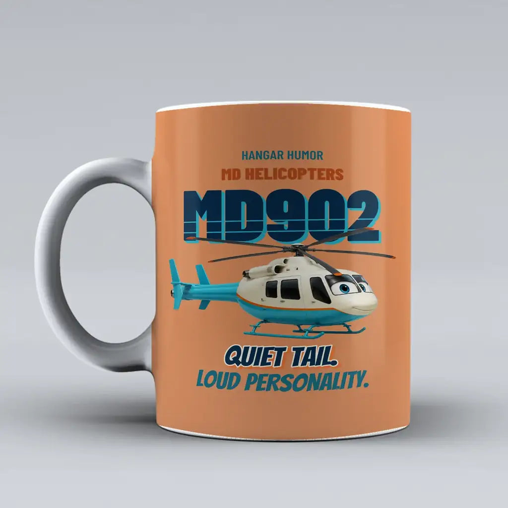 MD Helicopters MD 902 Explorer - Quiet tail. Loud personality. design on orange ceramic mug