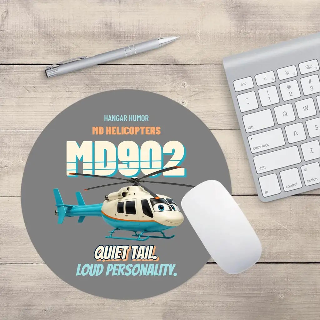 MD Helicopters MD 902 Explorer - Quiet tail. Loud personality. design on gray round mouse pad