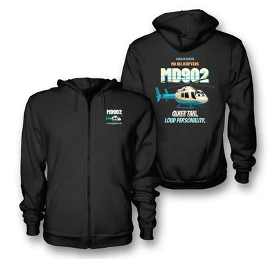 MD Helicopters MD 902 Explorer - Quiet tail. Loud personality. design on black zipped hoodie