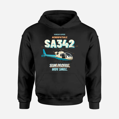 Aerospatiale SA342 Gazelle - Slim profile. Wide smile. design on black hoodie single side