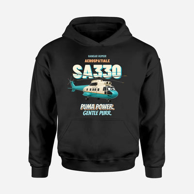 Aerospatiale SA330 Puma - Puma power. Gentle purr. design on black hoodie single side