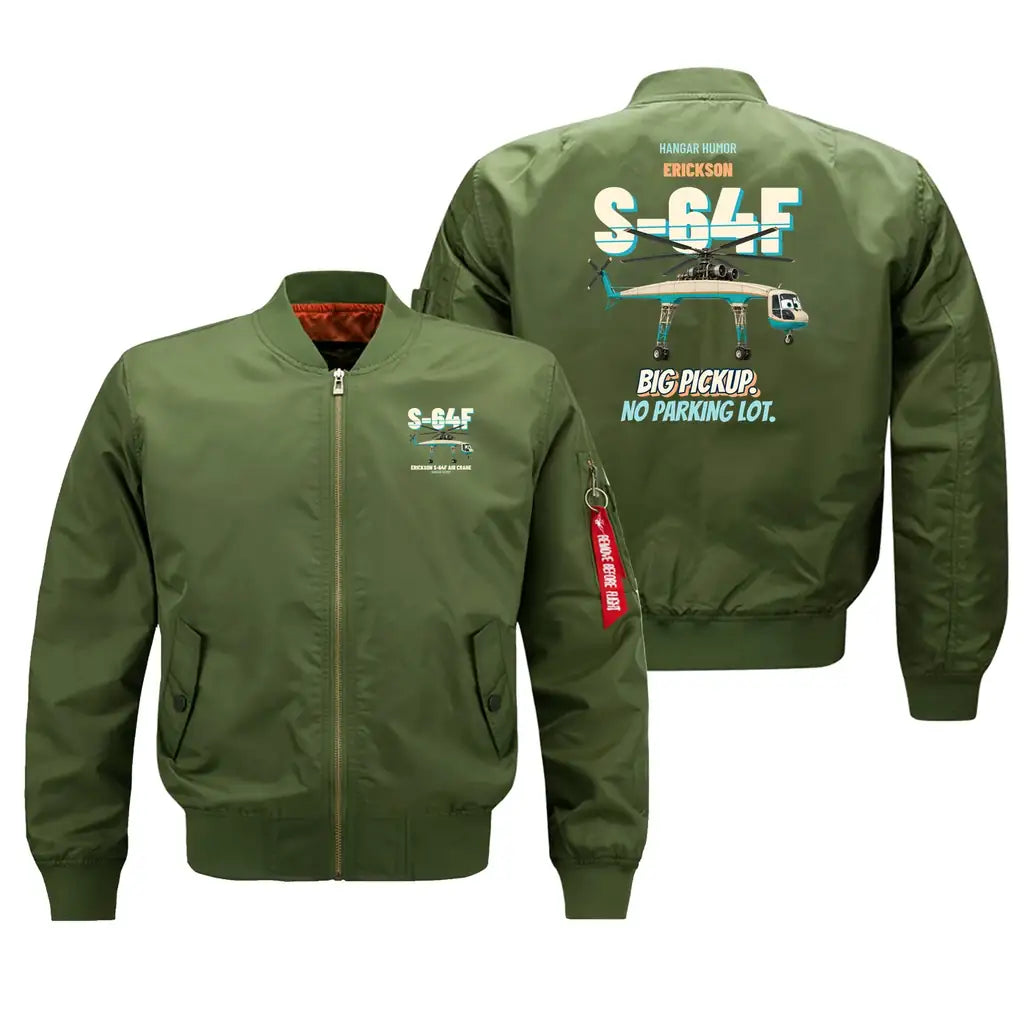 Erickson S-64F Air Crane - Big pickup. No parking lot. design on green bomber jacket