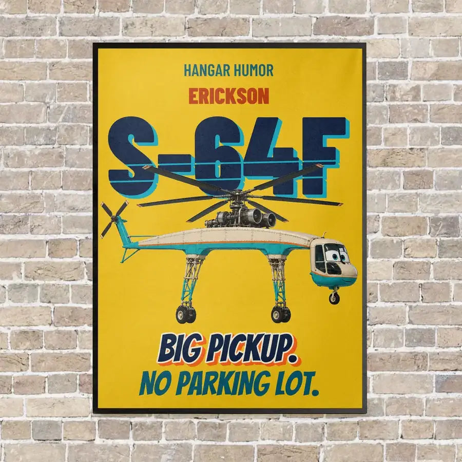Erickson S-64F Air Crane - Big pickup. No parking lot. vertical canvas print - framed - yellow background