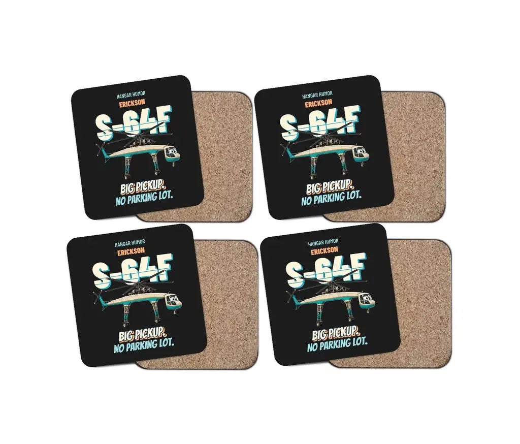 Erickson S-64F Air Crane - Big pickup. No parking lot. design on black 4 pieces set coaster