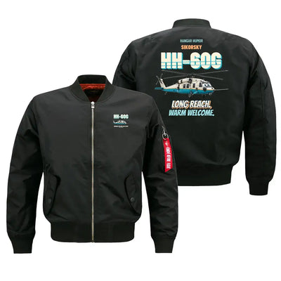 Sikorsky HH-60G Pave Hawk - Long reach. Warm welcome. design on black bomber jacket