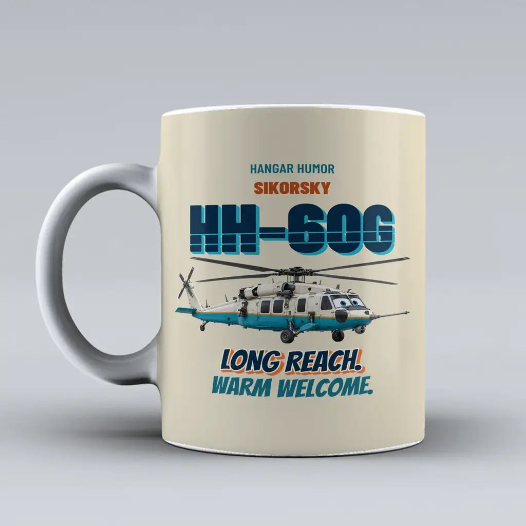 Sikorsky HH-60G Pave Hawk - Long reach. Warm welcome. design on beige ceramic mug
