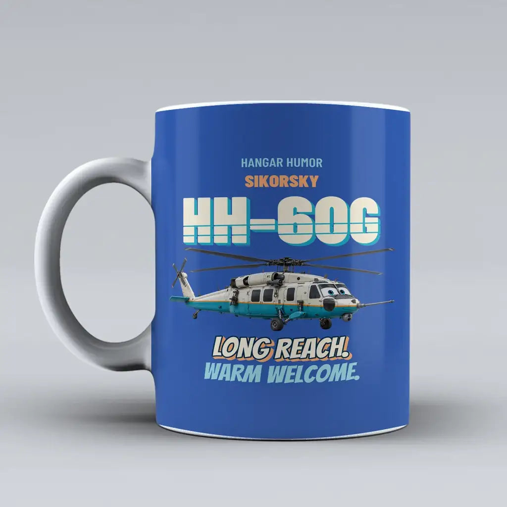 Sikorsky HH-60G Pave Hawk - Long reach. Warm welcome. design on blue ceramic mug