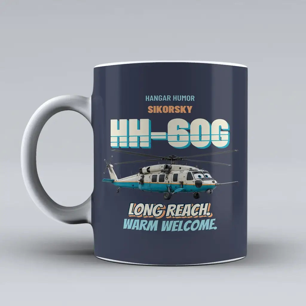Sikorsky HH-60G Pave Hawk - Long reach. Warm welcome. design on dark blue ceramic mug