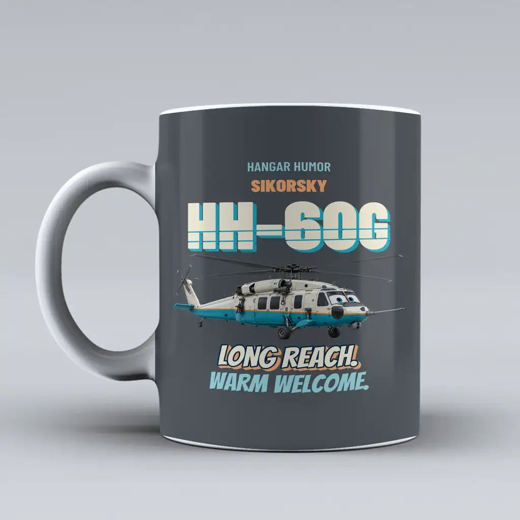 Sikorsky HH-60G Pave Hawk - Long reach. Warm welcome. design on gray ceramic mug