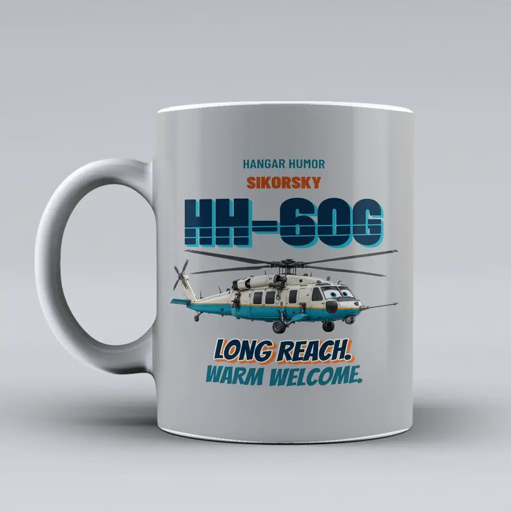 Sikorsky HH-60G Pave Hawk - Long reach. Warm welcome. design on light gray ceramic mug