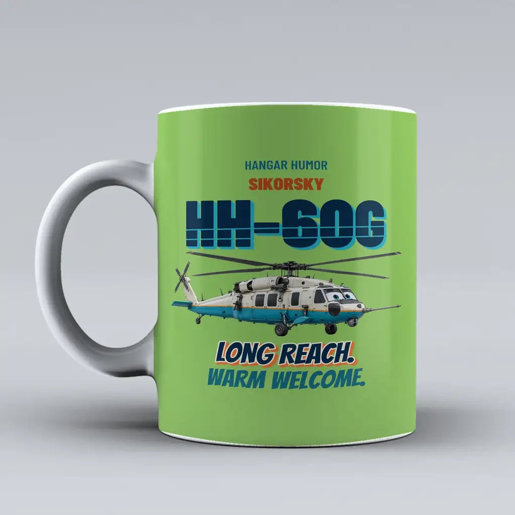 Sikorsky HH-60G Pave Hawk - Long reach. Warm welcome. design on light green ceramic mug
