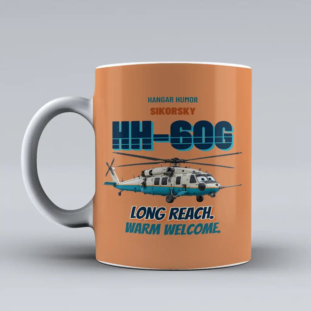 Sikorsky HH-60G Pave Hawk - Long reach. Warm welcome. design on orange ceramic mug