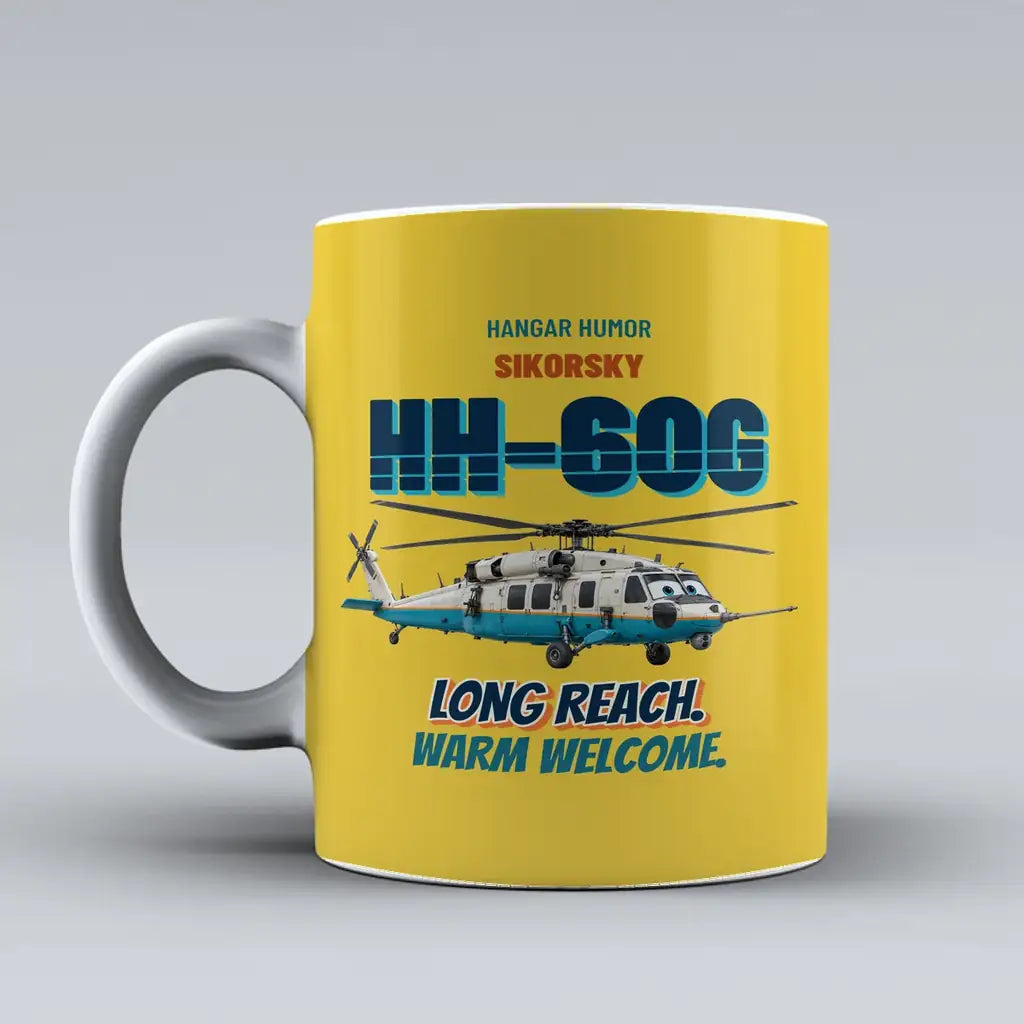 Sikorsky HH-60G Pave Hawk - Long reach. Warm welcome. design on yellow ceramic mug