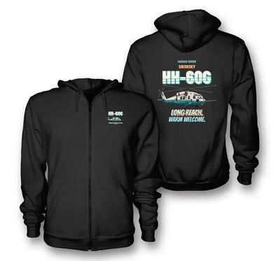 Sikorsky HH-60G Pave Hawk - Long reach. Warm welcome. design on black zipped hoodie