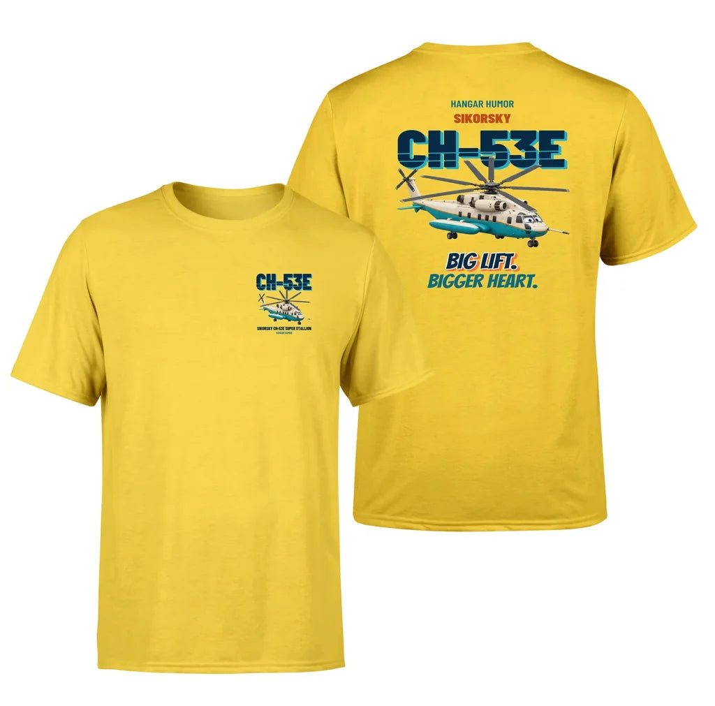 Sikorsky CH-53E Super Stallion - Big lift. Bigger heart. - Double-Side T-Shirt design on yellow double side t shirt
