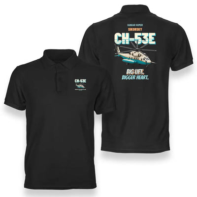 Sikorsky CH-53E Super Stallion - Big lift. Bigger heart. design on black polo t-shirt