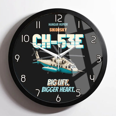 Sikorsky CH-53E Super Stallion - Big lift. Bigger heart. design on black framed wall clock
