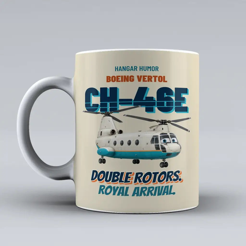 Boeing Vertol CH-46E Sea Knight - Double rotors. Royal arrival. design on beige ceramic mug