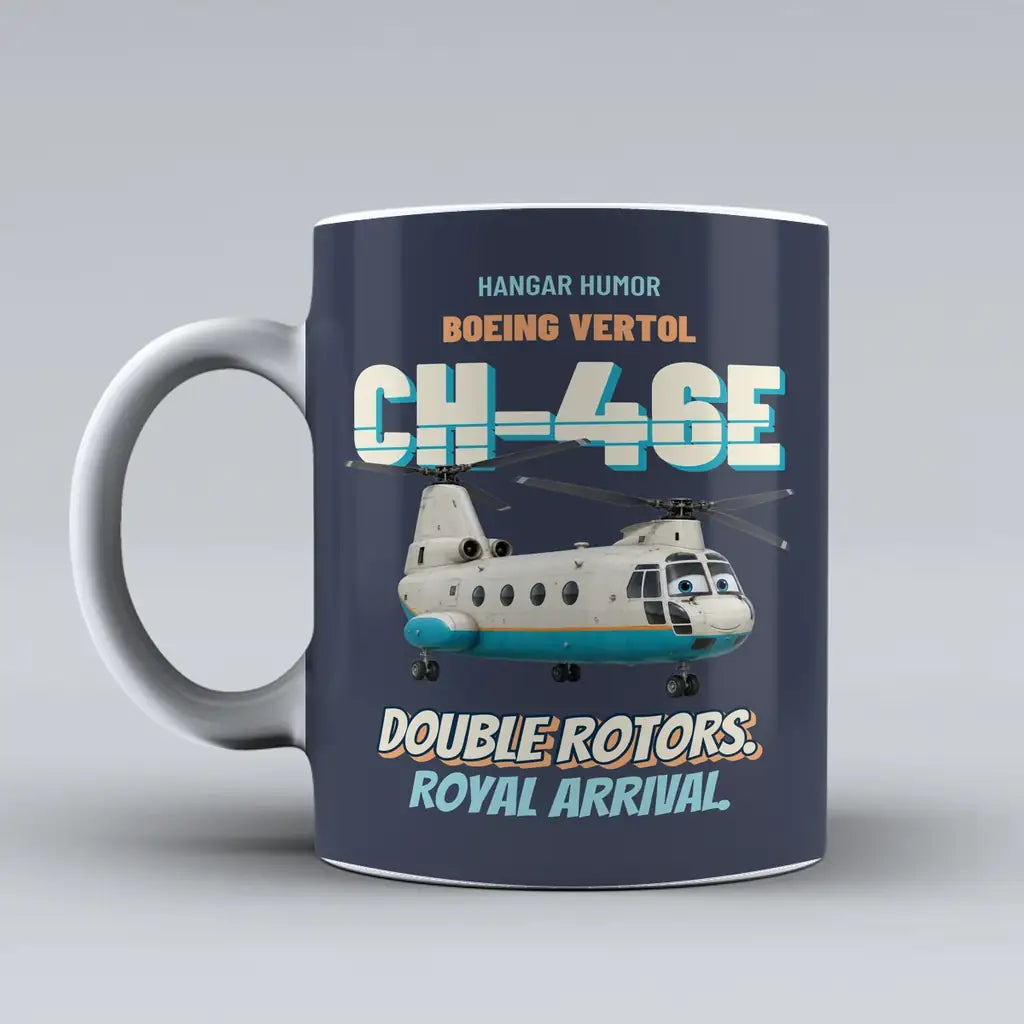 Boeing Vertol CH-46E Sea Knight - Double rotors. Royal arrival. design on dark blue ceramic mug