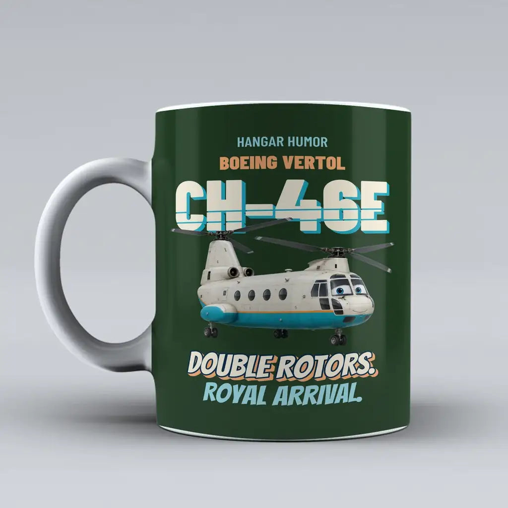 Boeing Vertol CH-46E Sea Knight - Double rotors. Royal arrival. design on dark green ceramic mug