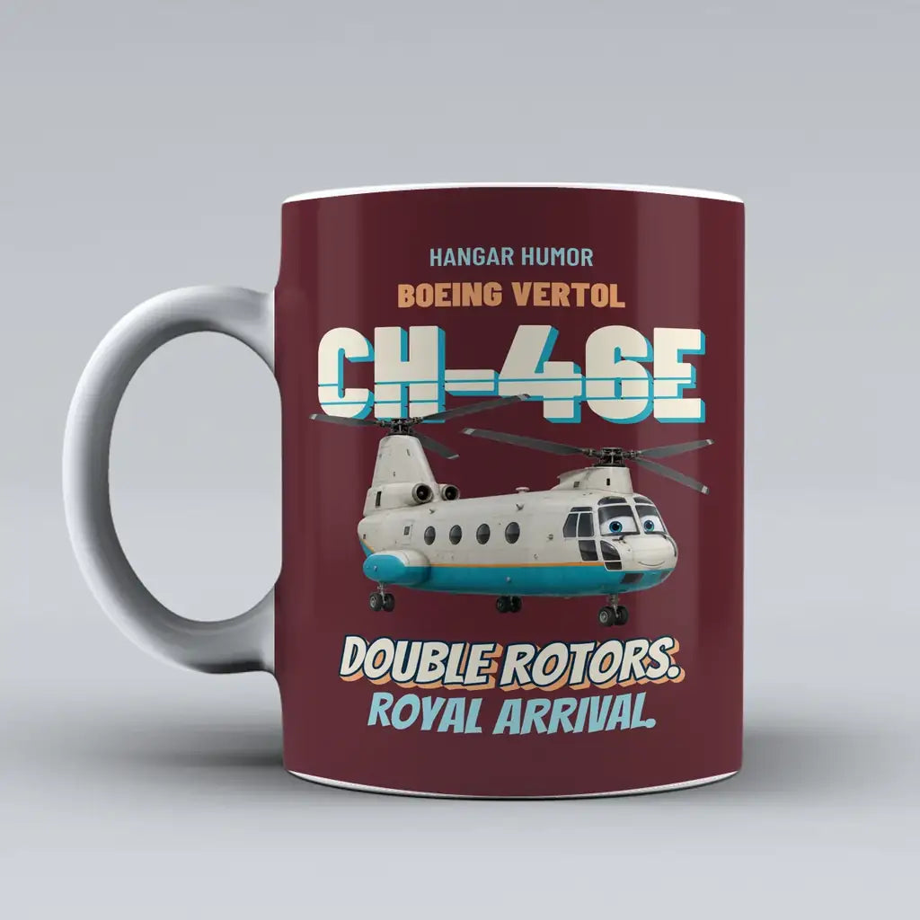 Boeing Vertol CH-46E Sea Knight - Double rotors. Royal arrival. design on dark red ceramic mug