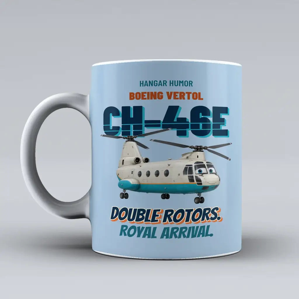 Boeing Vertol CH-46E Sea Knight - Double rotors. Royal arrival. design on light blue ceramic mug