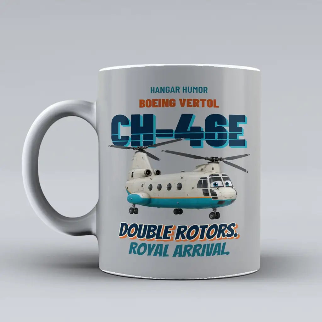 Boeing Vertol CH-46E Sea Knight - Double rotors. Royal arrival. design on light gray ceramic mug