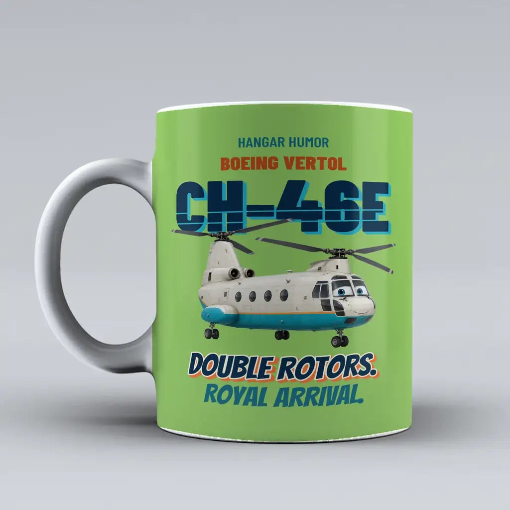 Boeing Vertol CH-46E Sea Knight - Double rotors. Royal arrival. design on light green ceramic mug