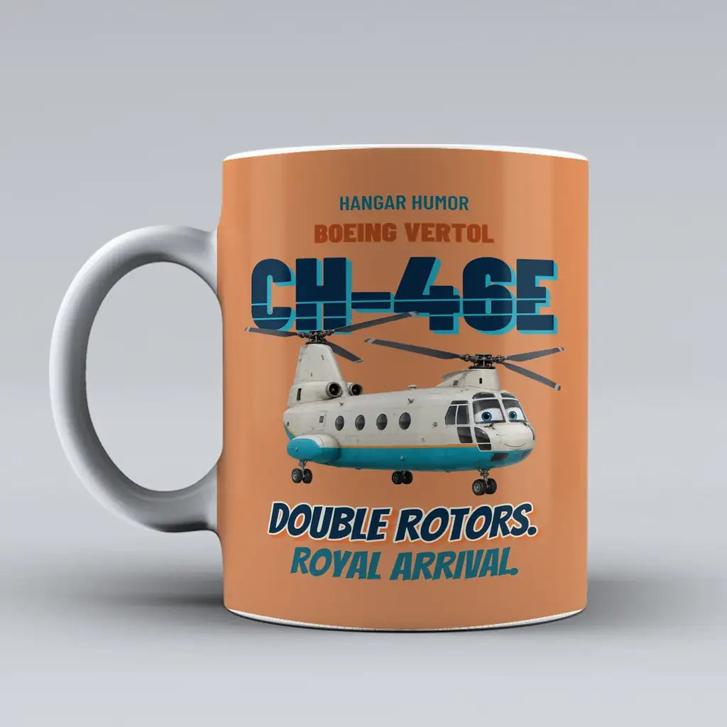 Boeing Vertol CH-46E Sea Knight - Double rotors. Royal arrival. design on orange ceramic mug