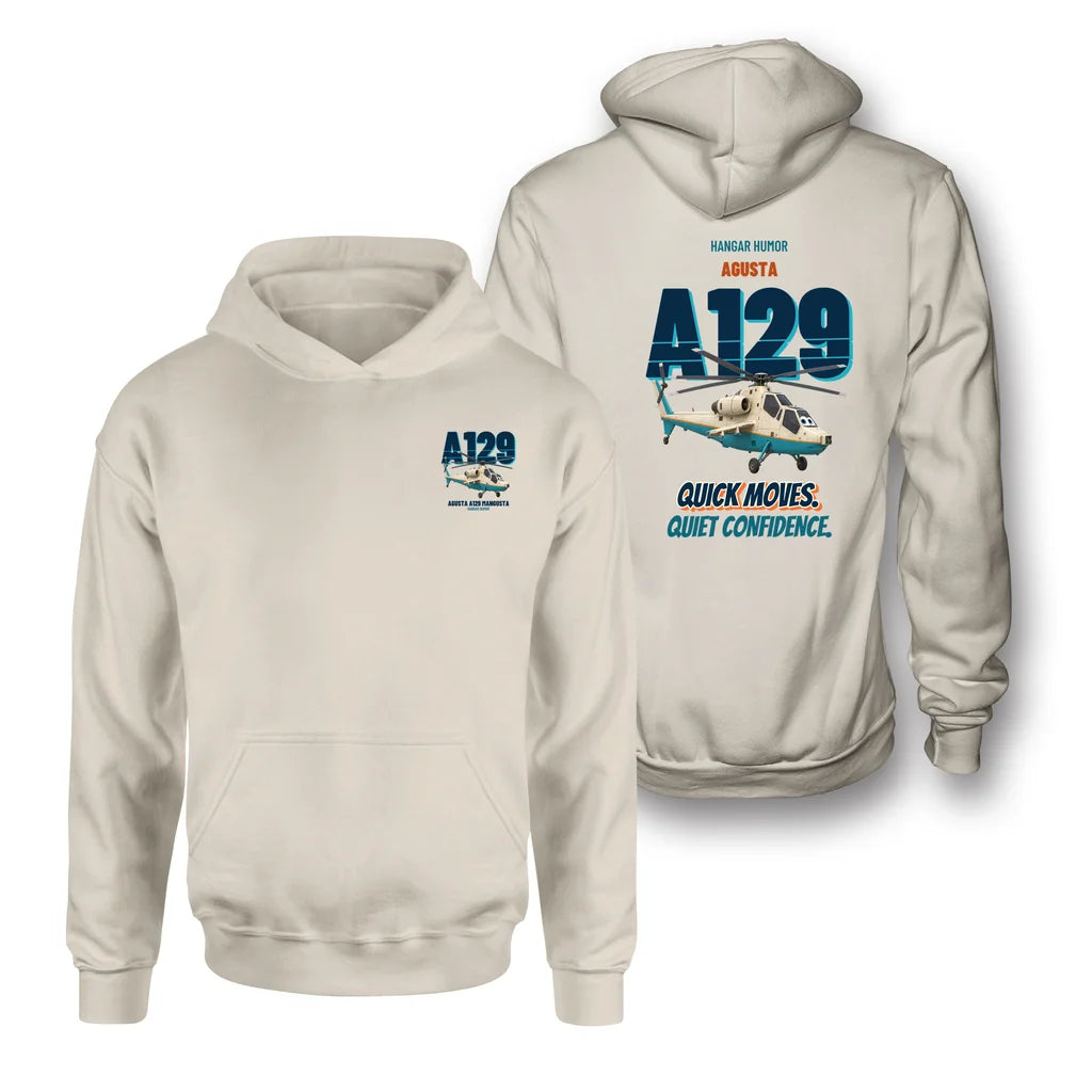 Agusta A129 Mangusta - Quick moves. Quiet confidence. - Double-Side Hoodie design on khaki double side hoodie