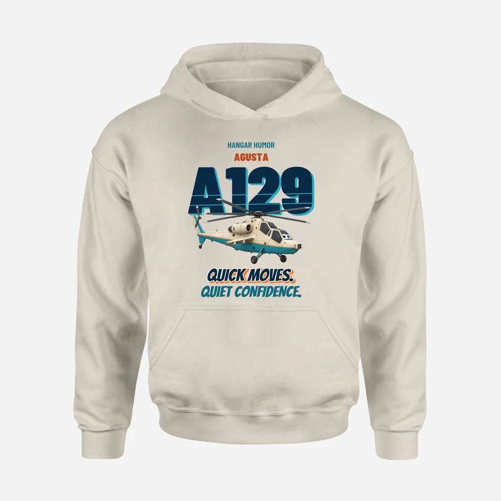 Agusta A129 Mangusta - Quick moves. Quiet confidence. design on khaki hoodie single side