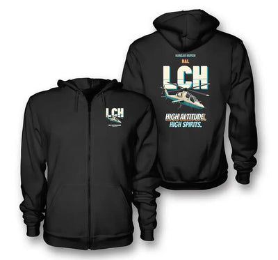 HAL LCH Prachand - High altitude. High spirits. design on black zipped hoodie