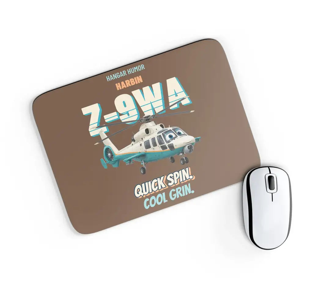 Harbin Z-9WA Attack Helicopter - Quick spin. Cool grin. design on brown rectangle mouse pad