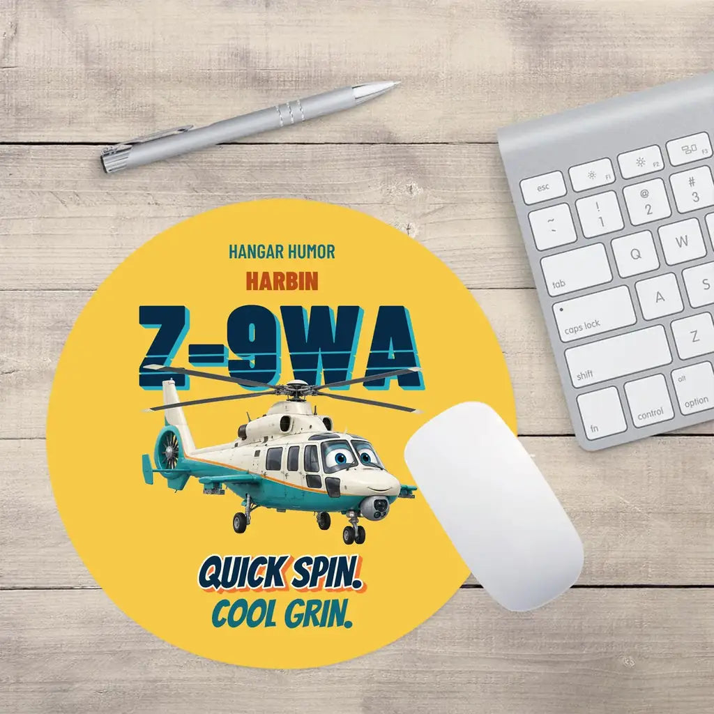 Harbin Z-9WA Attack Helicopter - Quick spin. Cool grin. design on yellow round mouse pad