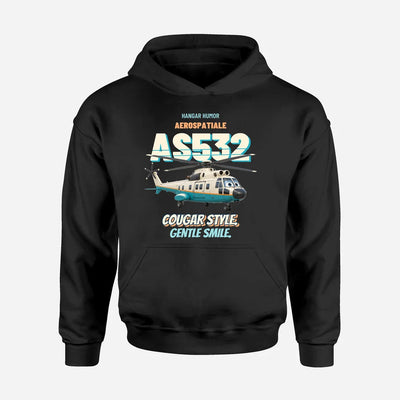 Aerospatiale AS532 Cougar - Cougar style. Gentle smile. design on black hoodie single side