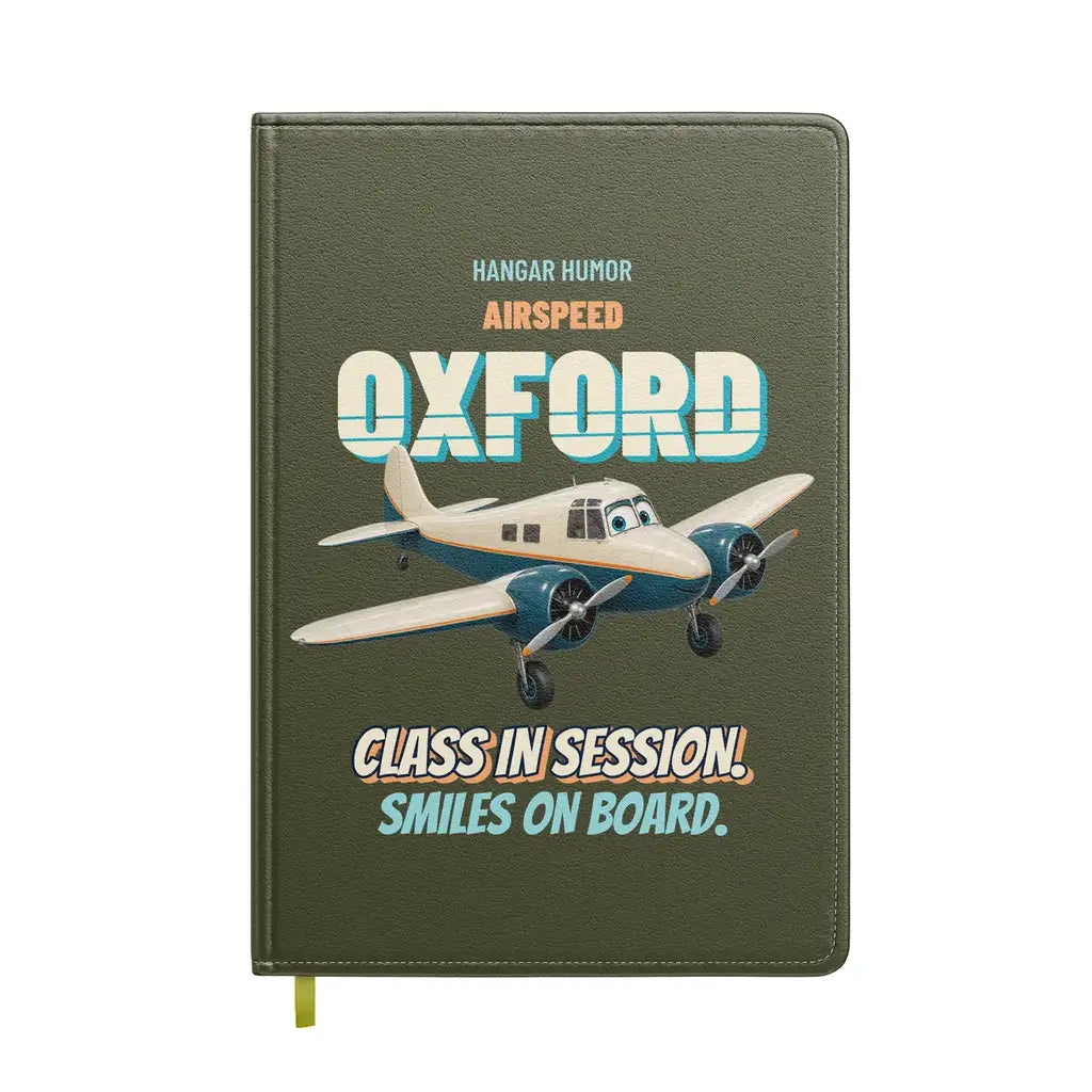 Airspeed Oxford Mk I - Class in session. Smiles on board. design on green army notebook