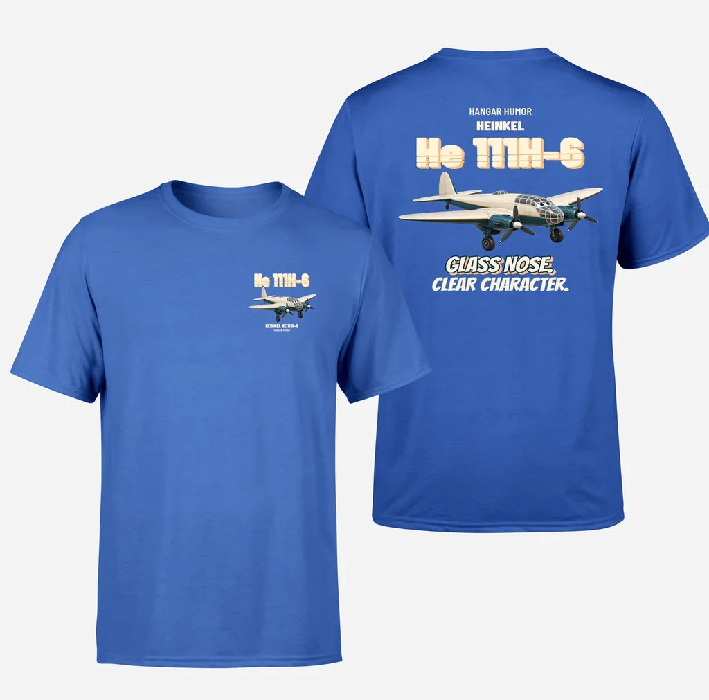 Heinkel He 111H-6 - Glass nose. Clear character. - Double-Side T-Shirt design on blue double side t shirt