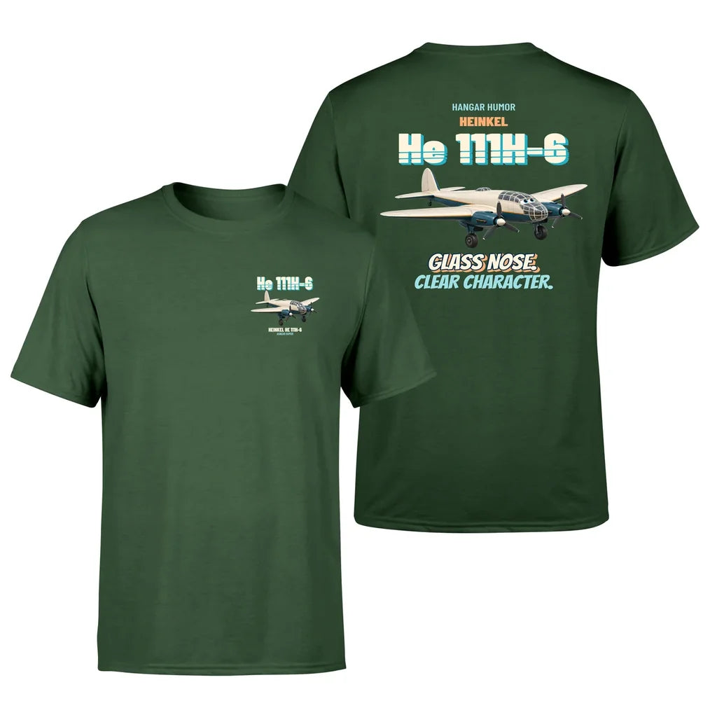 Heinkel He 111H-6 - Glass nose. Clear character. - Double-Side T-Shirt design on darkgreen double side t shirt