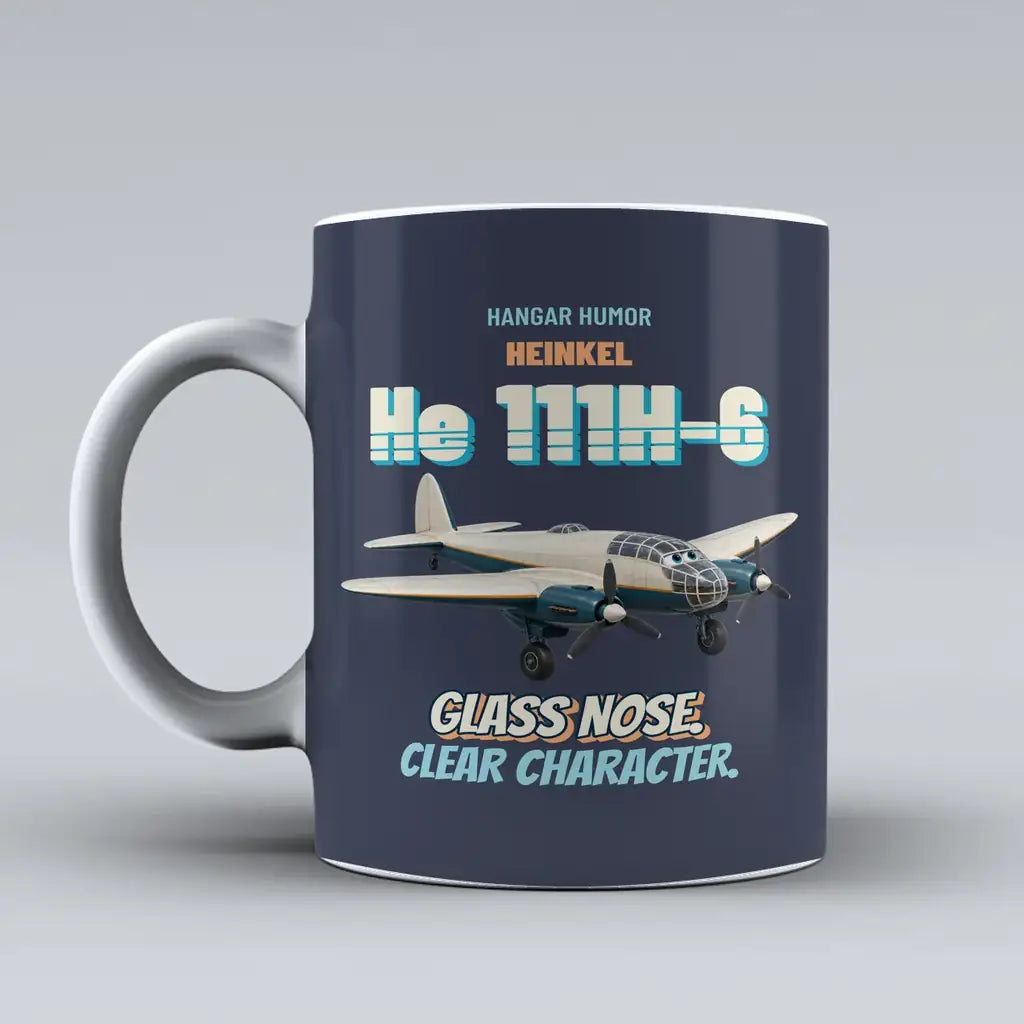 Heinkel He 111H-6 - Glass nose. Clear character. design on dark blue ceramic mug