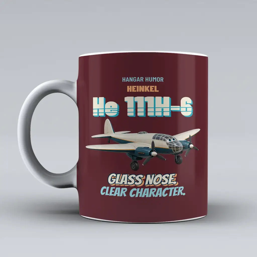 Heinkel He 111H-6 - Glass nose. Clear character. design on dark red ceramic mug