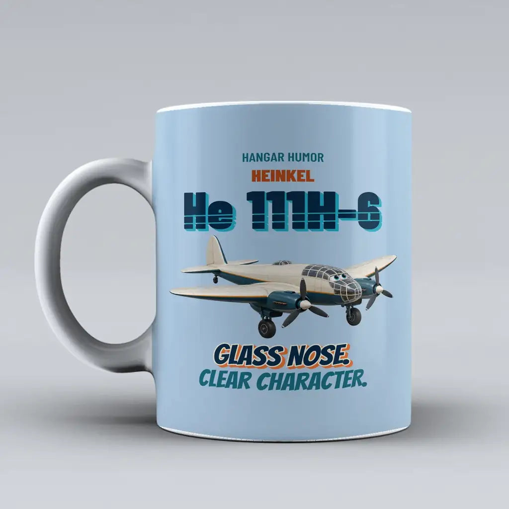 Heinkel He 111H-6 - Glass nose. Clear character. design on light blue ceramic mug