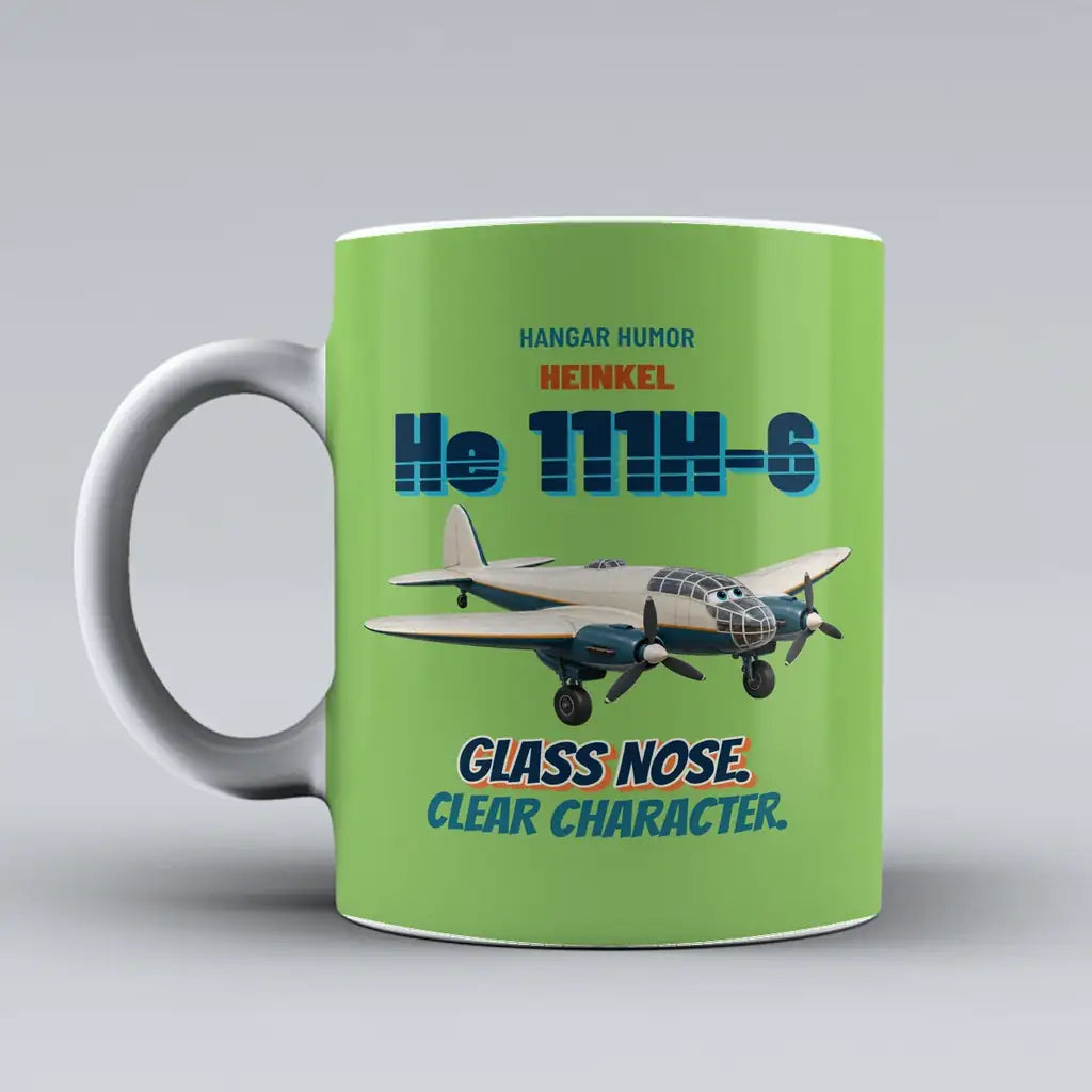Heinkel He 111H-6 - Glass nose. Clear character. design on light green ceramic mug