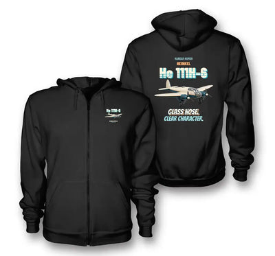 Heinkel He 111H-6 - Glass nose. Clear character. design on black zipped hoodie