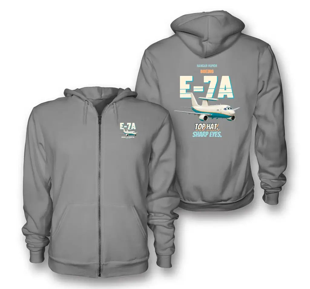 Boeing E-7A Wedgetail - Top hat. Sharp eyes. design on gray zipped hoodie