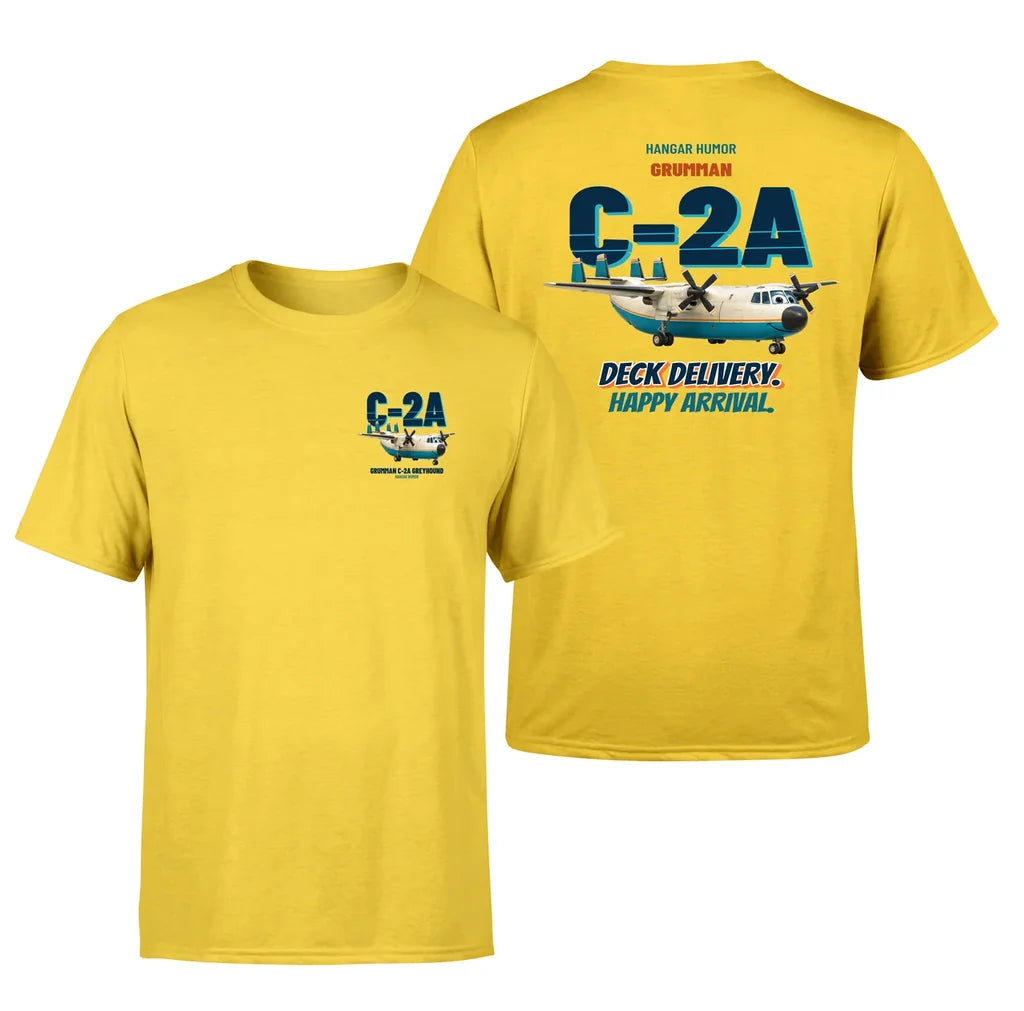 Grumman C-2A Greyhound - Deck delivery. Happy arrival. - Double-Side T-Shirt design on yellow double side t shirt