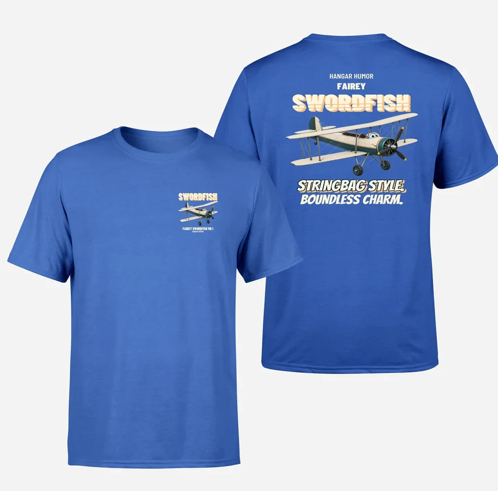Fairey Swordfish Mk I - Stringbag style. Boundless charm. - Double-Side T-Shirt design on blue double side t shirt