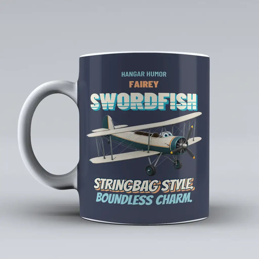 Fairey Swordfish Mk I - Stringbag style. Boundless charm. design on dark blue ceramic mug