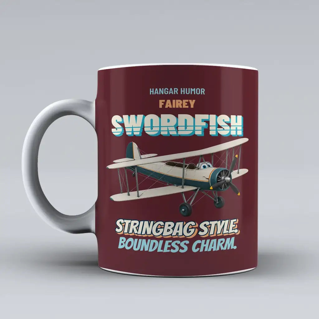 Fairey Swordfish Mk I - Stringbag style. Boundless charm. design on dark red ceramic mug