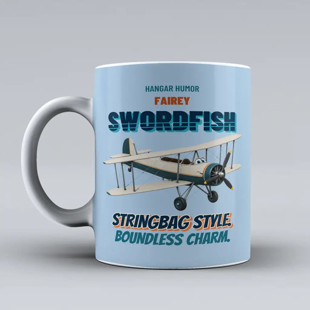 Fairey Swordfish Mk I - Stringbag style. Boundless charm. design on light blue ceramic mug