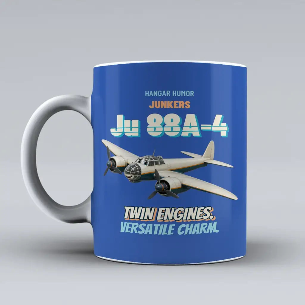 Junkers Ju 88A-4 - Twin engines. Versatile charm. design on blue ceramic mug
